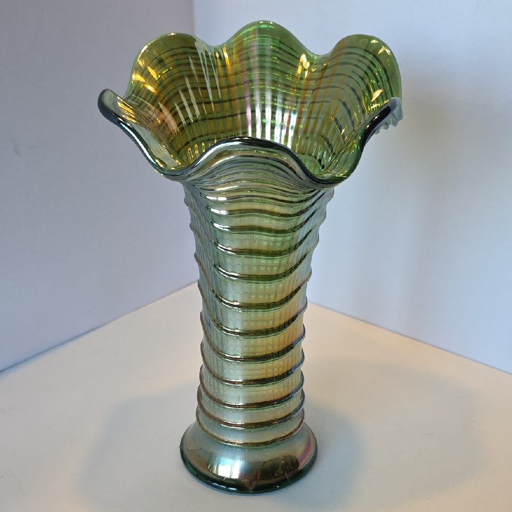 Antique Imperial Ripple Helios Carnival Glass Vase 9.25 At Tallest Point 5.5 Top